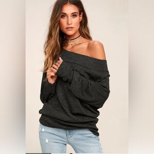 Free People Palisades Washed Black Off-the-Shoulder Sweater Top Size Xs